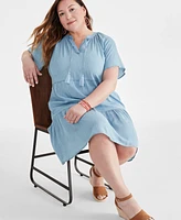 Style & Co Plus Split-Neck Flutter-Sleeve Chambray Swing Dress, Created for Macy's