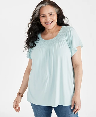 Style & Co Plus Gathered Scoop-Neck Flutter-Sleeve Top, Created for Macy's