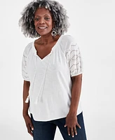 Style & Co Plus Size Eyelet Puff-Sleeve Split-Neck Cotton Top, Created for Macy's