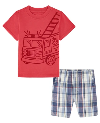 Kids Headquarters Toddler Boys Firetruck Short Sleeve T-shirt and Prewashed Plaid Shorts