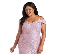 R & M Richards Plus Size Off-The-Shoulder Lace Gown