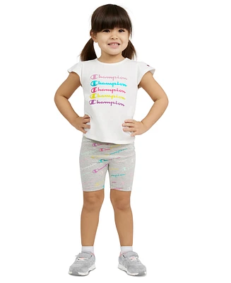 Champion Toddler & Little Girls Logo Graphic T-Shirt Logo-Print Bike Shorts, 2 Piece Set