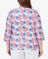 Alfred Dunner Plus All American Flag Hearts Three Quarter Sleeve Shirt