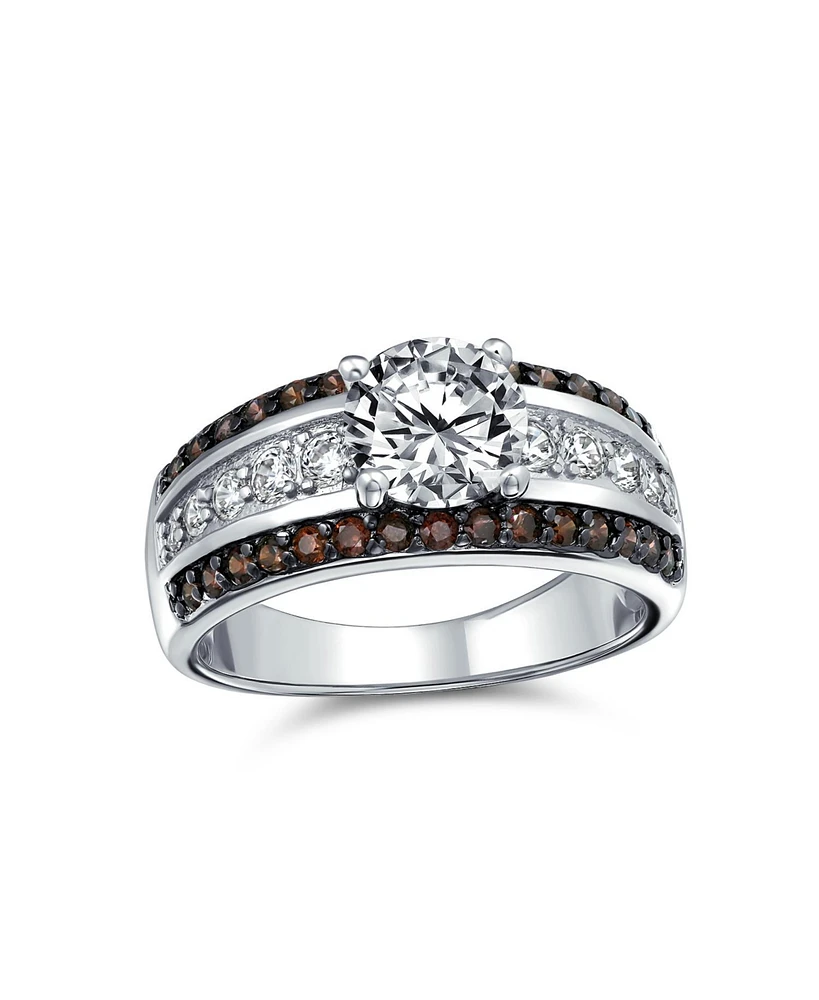 Bling Jewelry 3CTW Cz Two Tone Chocolate Brown Color Clear Round Solitaire Promise Ring 3 Row Wide Pave Band Silver Plated