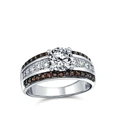 3CT Aaa Cz Two Tone Chocolate Brown Color Clear Round Brilliant Cut Solitaire Engagement Ring For Women 3 Row Wide Pave Band