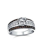 Bling Jewelry 3CTW Cz Two Tone Chocolate Brown Color Clear Round Solitaire Promise Ring 3 Row Wide Pave Band Silver Plated