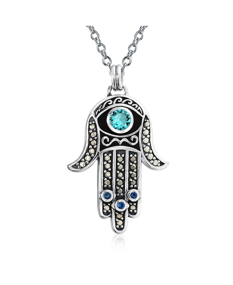 Bling Jewelry Large Yoga Cubic Zirconia Blue Cz Amulet Talisman Evil Eye Hamsa Hand Of God Star Of David Pendant Necklace For Black Oxidized Sterling