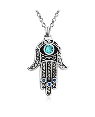 Bling Jewelry Large Yoga Cubic Zirconia Blue Cz Amulet Talisman Evil Eye Hamsa Hand Of God Star Of David Pendant Necklace For Black Oxidized Sterling