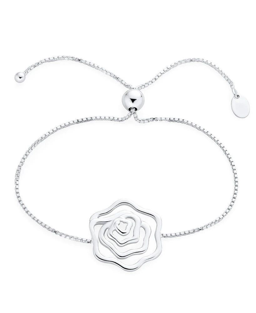 Bling Jewelry Delicate Garden Flower Open Rose Slide Bolo Style Bracelet For Women Sterling Silver Adjustable