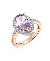 Bling Jewelry 3.75CTW Zircon Pave Halo Pear Shape Teardrop Ring Pink Natural Amethyst Statement Rose Gold Overlay Sterling Silver