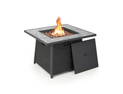 35 Inch Propane Gas Fire Pit Table Wicker Rattan with Lava Rocks Pvc Cover-Black