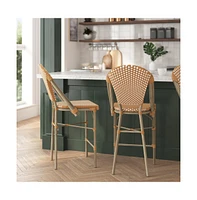 Celia Set Of Two Indoor/Outdoor Stacking Bistro Counter Stools With White And Gray Patterned Seats Backs & Bamboo Finished Metal Frames