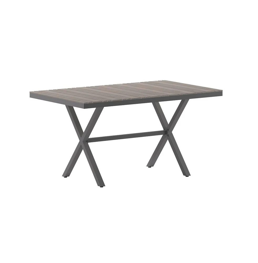 Fena 59" X 35.5" Outdoor X-Frame Dining Table With Faux Teak Poly Slat Top And Metal Frame