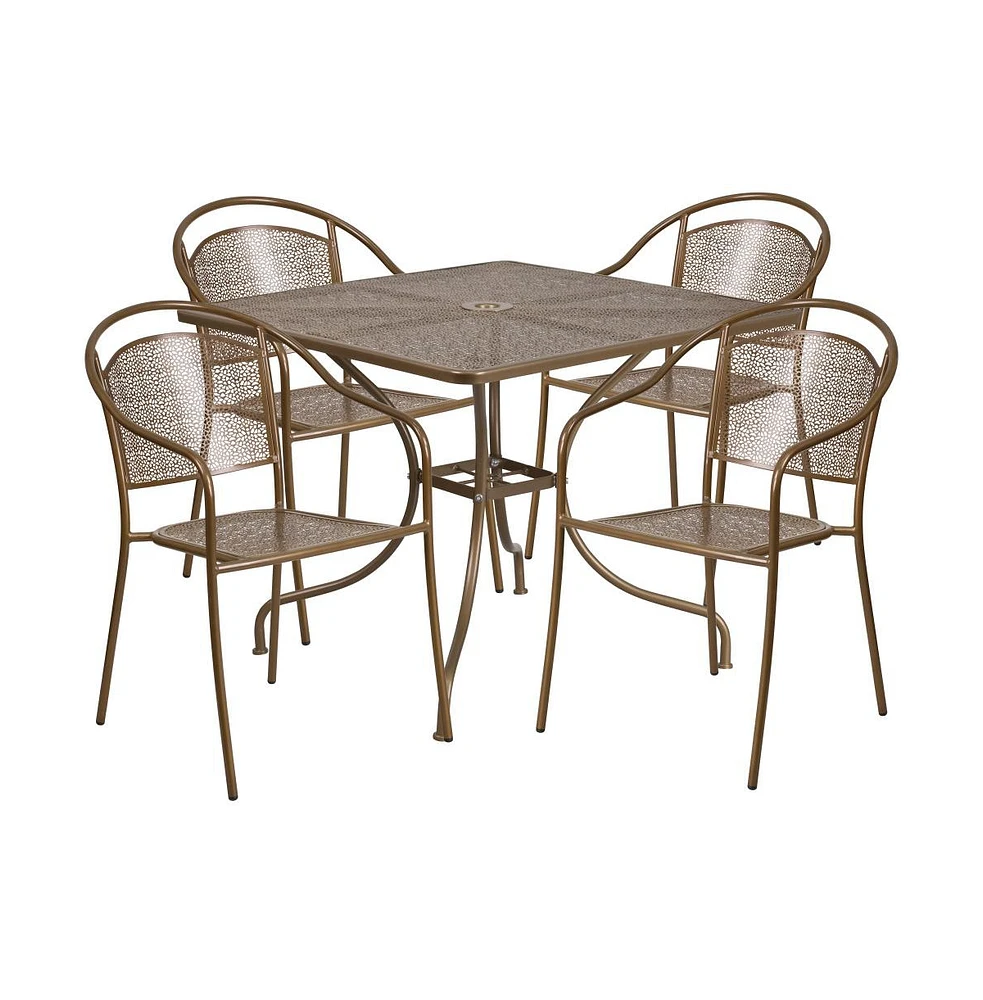 Emma+Oliver Commercial 35.5" Square Metal Garden Patio Table Set W/ 4 Round Back Chairs