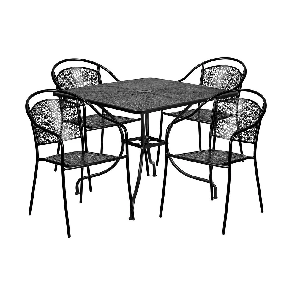 Emma+Oliver Commercial 35.5" Square Metal Garden Patio Table Set W/ 4 Round Back Chairs