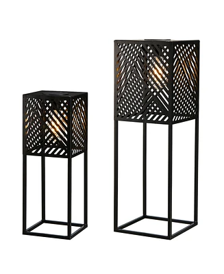 Glitzhome 23.75" H, 17.75" H Set of 2 Metal Stripes Geometric Solar Powered Edison Bulb Outdoor Floor Lantern or Planter Stands