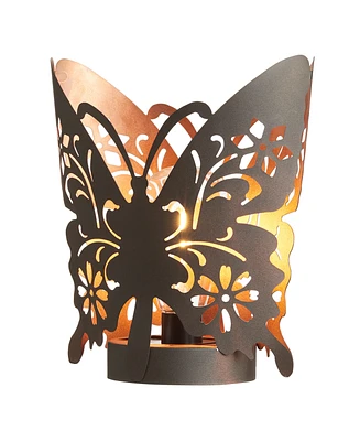 Glitzhome 9" L Black and Gold-Tone Metal Cutout Flying Butterfly Silhouette Solar Powdered Edison Bulb Outdoor Lantern