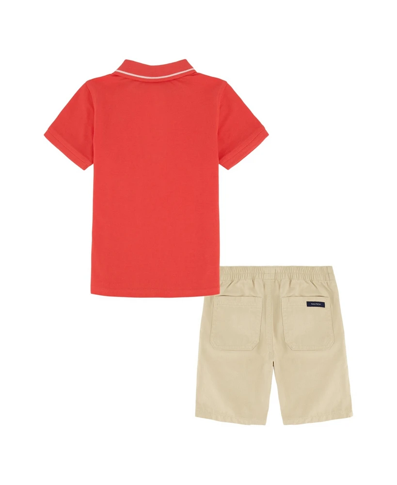 Nautica Little Boys Tipped Pique Polo Shirt and Prewashed Twill Shorts, 2 Pc Set