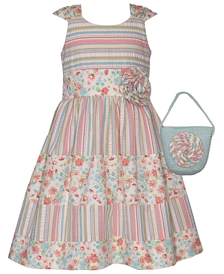 Bonnie Jean Toddler Girls Sleeveless Seersucker and Cotton Print Dress Matching Bag