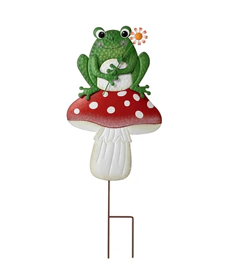 Glitzhome 30" H Multi-Functional 2-in-1 Metal Stacked Mushroom and Frog Garden Yard Stake, Wall Decor