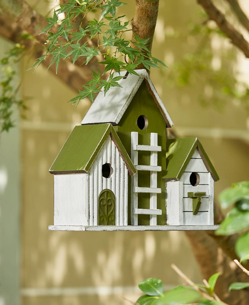 Glitzhome 14.75" L Oversized Washed Green Distressed Solid Wood 3-Room Villa Decorative Outdoor Garden Birdhouse with 3D Ladder