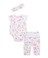 Little Me Baby Girls Garden Bodysuit Pant Set with Headband