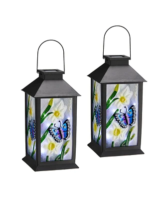 Glitzhome 11" H Set of 2 Stylish Textured Glass with Butterfly and Flower Pattern Solar Powered Hanging Lantern
