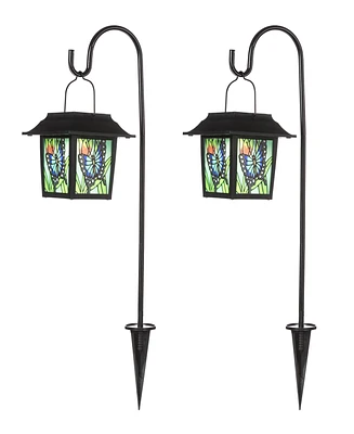 Glitzhome 30" H Set of 2 Solar Powered Butterfly Scene Pattern Garden Lamp or Pathway Light with Ground Stake