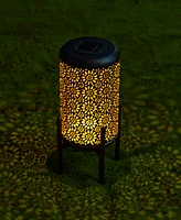 Glitzhome 14.25" H Set of 2 Black and Gold-Tone Metal Cutout Flower Pattern Solar Powered Led Outdoor Lantern with Stand