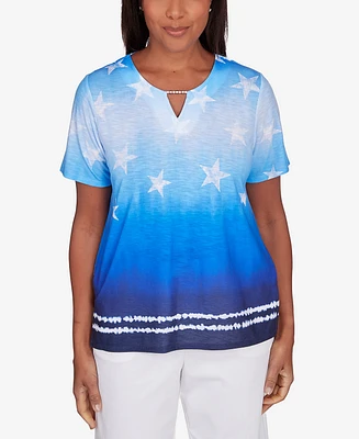 Alfred Dunner Women's All American Tie Dye Stars Short Sleeve Tops