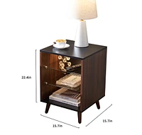 Led Nightstand with 2 Glass Shelves, Modern Bedside Table with 3 Color Led Lighting/Adjustable Brightness, Nightstand for Bedroom/Living Room, Walnut