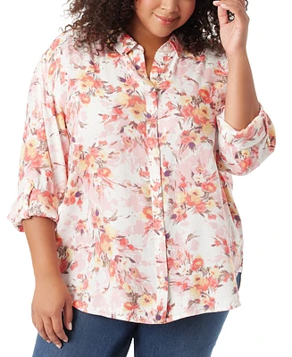 Gloria Vanderbilt Plus Size Floral-Print Roll-Tab Amanda Shirt