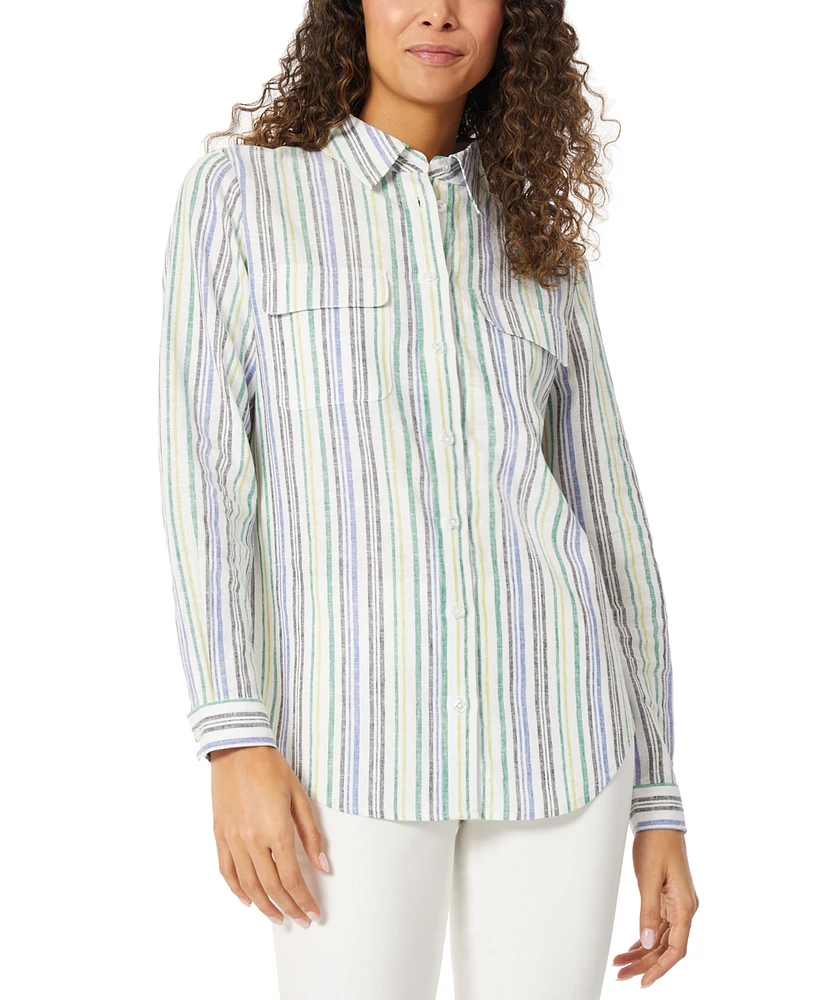 Jones New York Women's Striped Button-Up Tunic Linen Top