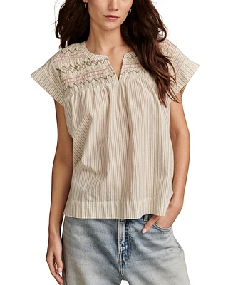 Lucky Brand Women's Cotton Striped Smocked Popover Blouse