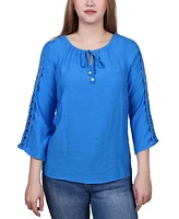 Ny Collection Petite 3/4 Sleeve Tunic with Crochet and Tie Neck