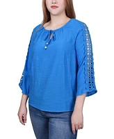 Ny Collection Petite 3/4 Sleeve Tunic with Crochet and Tie Neck