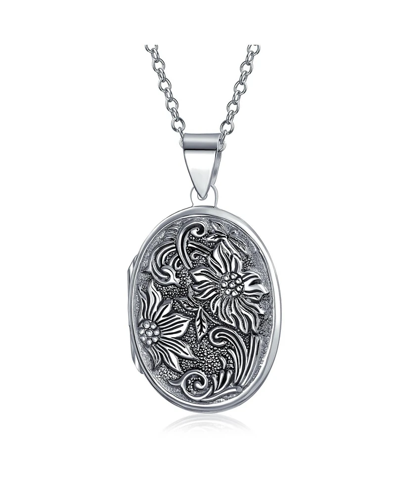 Embossed Scroll Floral Flower Sunflower Photo Oval Lockets Necklace Pendant For Women That Hold Pictures Oxidized .925 Sterling Silver