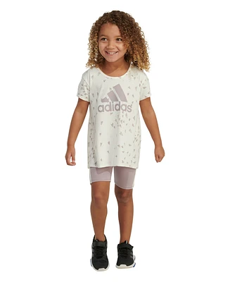 adidas Little Girls Short Sleeve Back Pleat Top and Bike Shorts, 2 Piece Set
