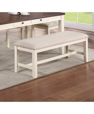 Simplie Fun White Classic 1Pc Bench Rubberwood Beige Fabric Cushion Seats Dining Room Furniture Bench