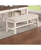 Simplie Fun White Classic 1 Piece Bench Rubberwood Beige Fabric Cushion Seats Dining Room Furniture Bench