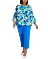 Kasper Plus Size Printed Ruffle Sleeve Blouse Linen Blend Pants