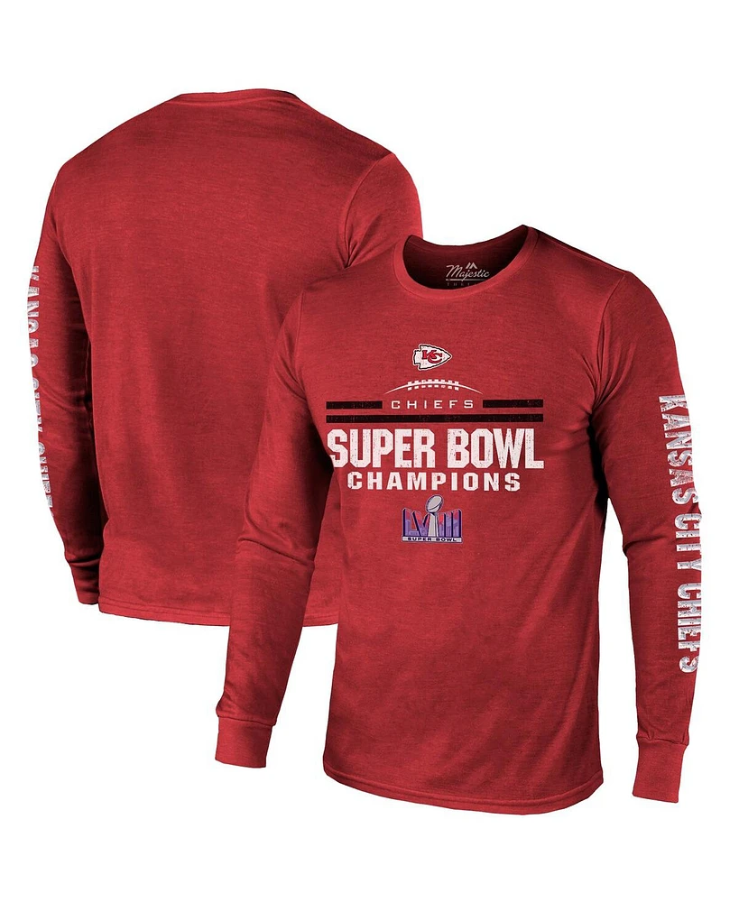 Men's Majestic Red Kansas City Chiefs Super Bowl Lviii Champions Tri-Blend Long Sleeve Hit T-shirt