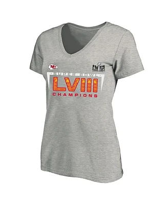 Women's Fanatics Heather Gray Kansas City Chiefs Super Bowl Lviii Champions Plus Counting Points V-Neck T-shirt