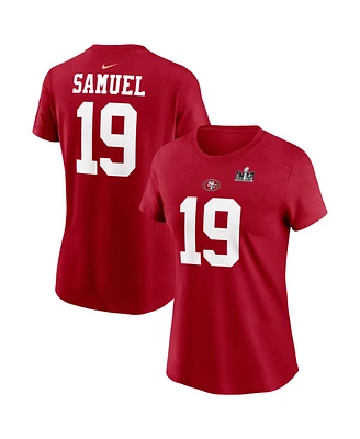 Women's Nike Deebo Samuel Scarlet San Francisco 49ers Super Bowl Lviii Patch Player Name and Number T-shirt