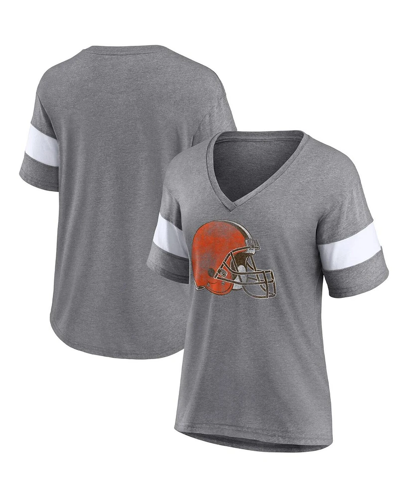 Women's Fanatics Heathered Gray, White Cleveland Browns Distressed Team Tri-Blend V-Neck T-shirt