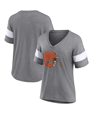 Women's Fanatics Heathered Gray, White Cleveland Browns Distressed Team Tri-Blend V-Neck T-shirt