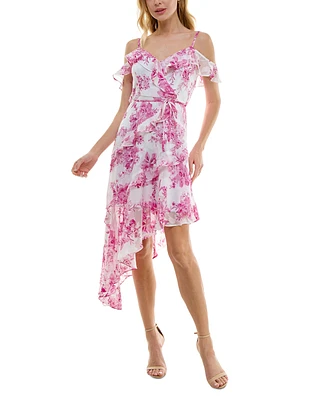Bcx Juniors' Floral Jacquard Print Asymmetric Ruffled Dress