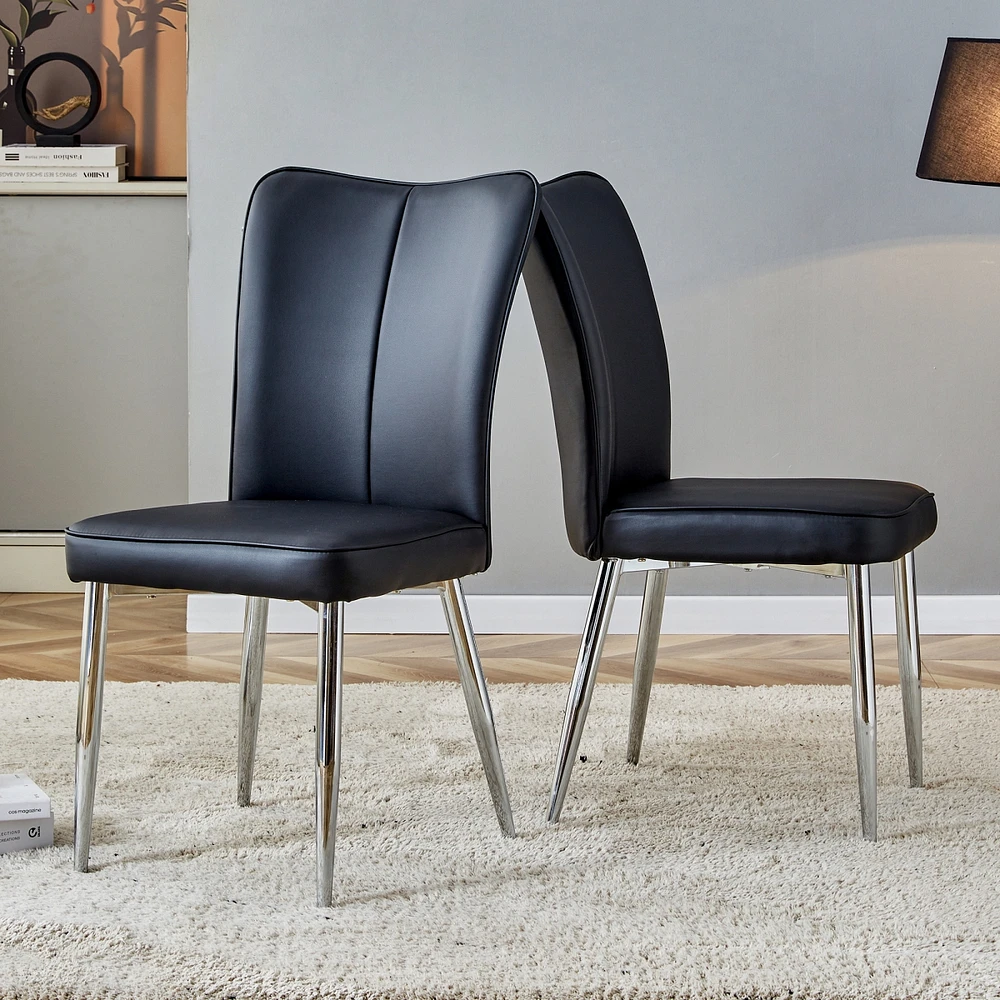 Modern minimalist dining chairs, black Pu leather curved backrest and cushion, black metal semi matte chair legs, suitable for restaurants, bedrooms,