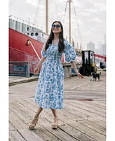 Jessie Zhao New York Leandra Blue Smocked V-Neck Midi Dress