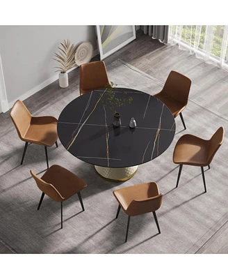 Simplie Fun 59.05" Modern Artificial Stone Round Carbon Steel Base Dining Table-Can Accommodate 6 People